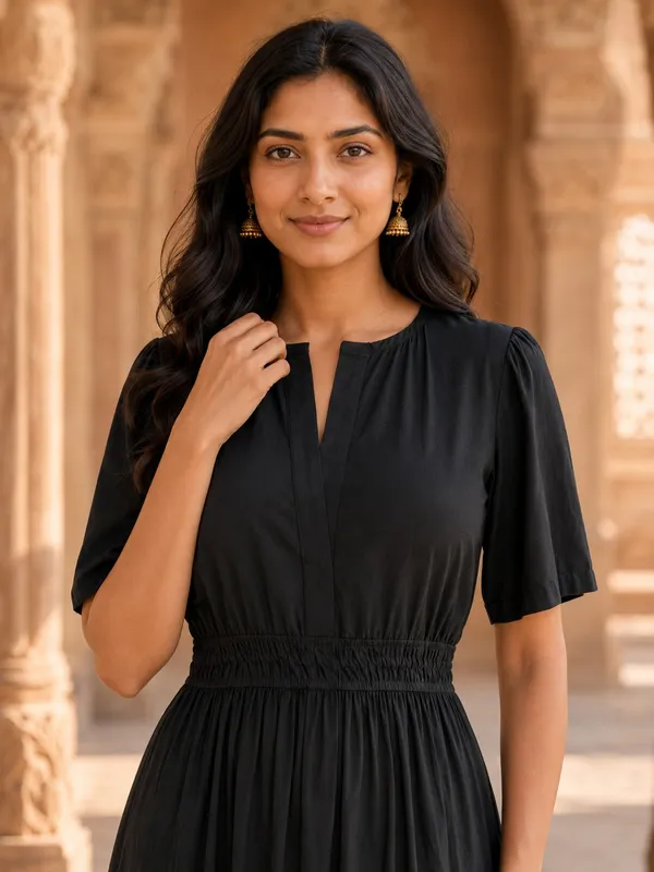 Black_Pure_Rayon_Short_Sleeve_Maxi_Dress_For_Women