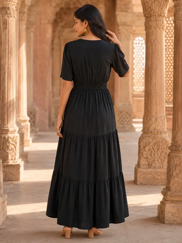 Black_Pure_Rayon_Short_Sleeve_Maxi_Dress_For_Women