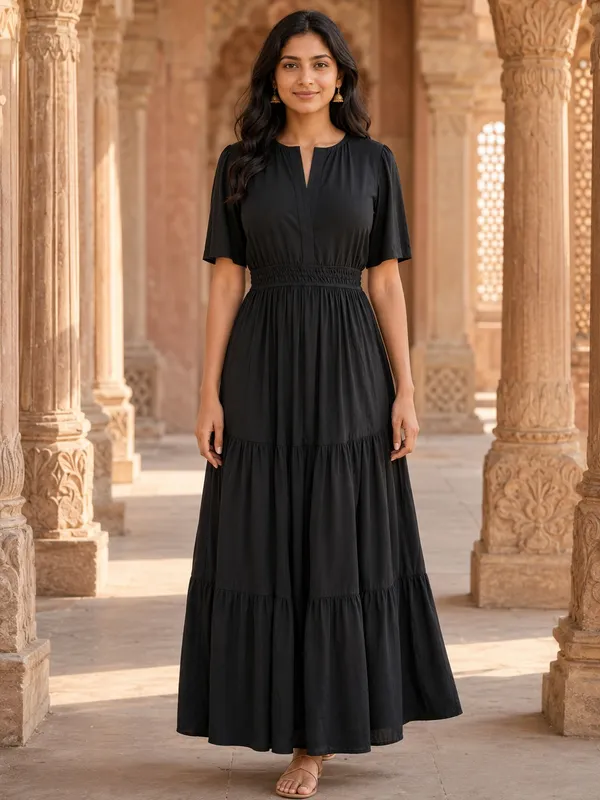 Black_Pure_Rayon_Short_Sleeve_Maxi_Dress_For_Women
