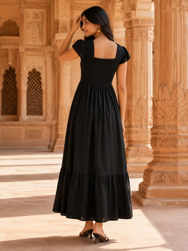 Black_Pure_Rayon_Smocked_A-Line_Midi_Dress_For_Women