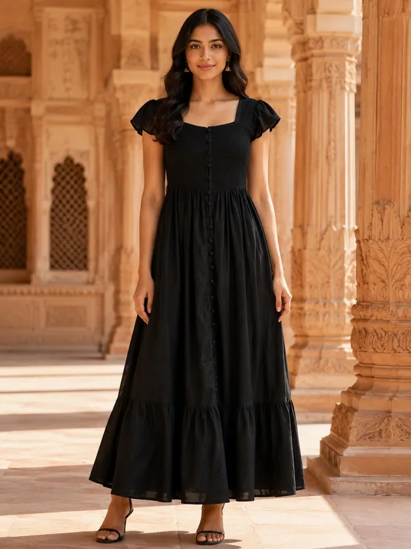 Black_Pure_Rayon_Smocked_A-Line_Midi_Dress_For_Women