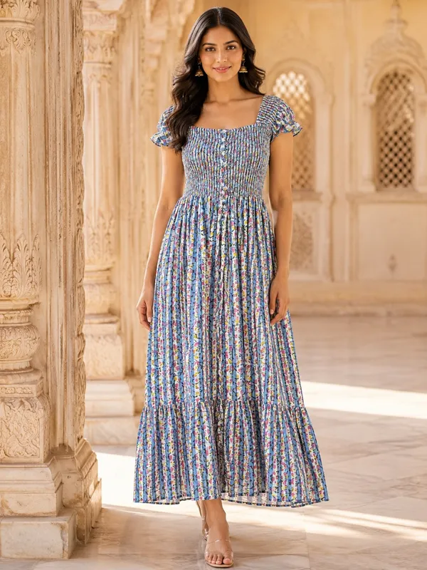 Blue_Pure_Rayon_Smocked_Floral_Maxi_Dress_For_Women