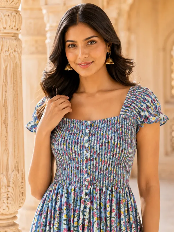 Blue_Pure_Rayon_Smocked_Floral_Maxi_Dress_For_Women