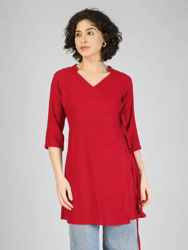 Red_Pure_Rayon_Wrap_Style_Kurta_For_Women