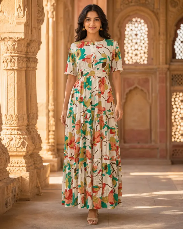 White_Pure_Rayon_Floral_Print_Flared_Dress_For_Women