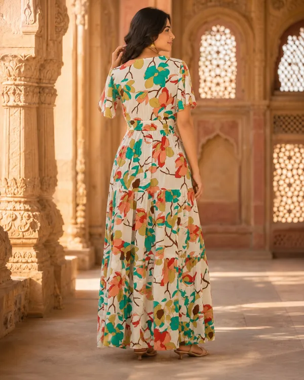 White_Pure_Rayon_Floral_Print_Flared_Dress_For_Women