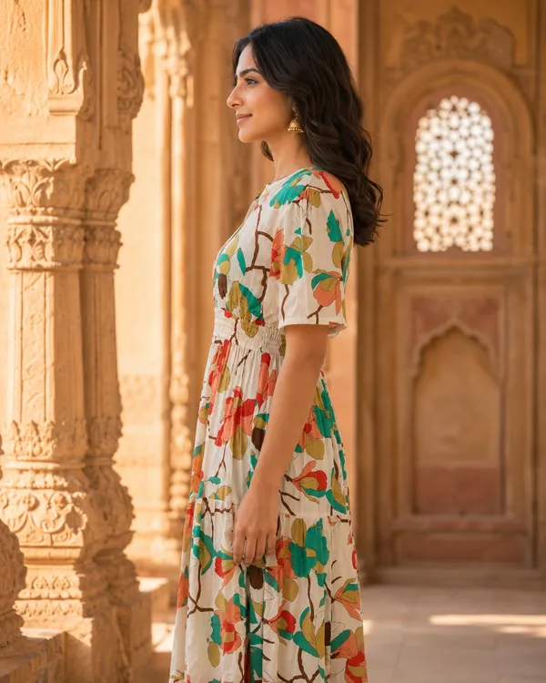 White_Pure_Rayon_Floral_Print_Flared_Dress_For_Women