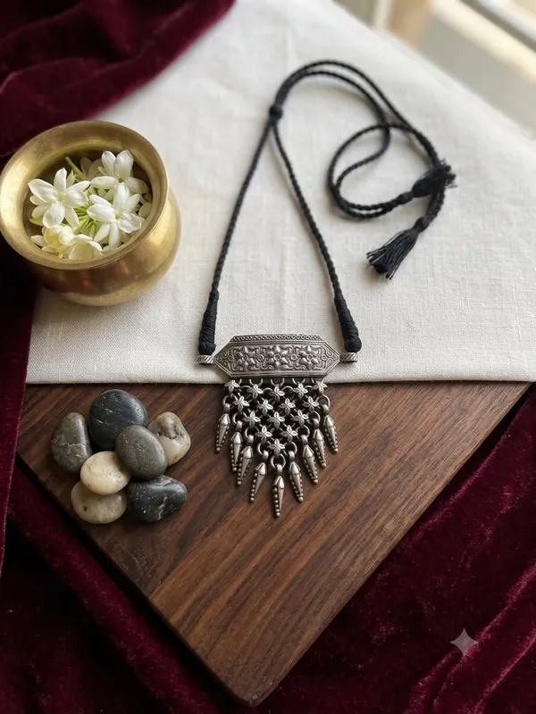 Banjara_silver_fringe_choker_with_black_thread