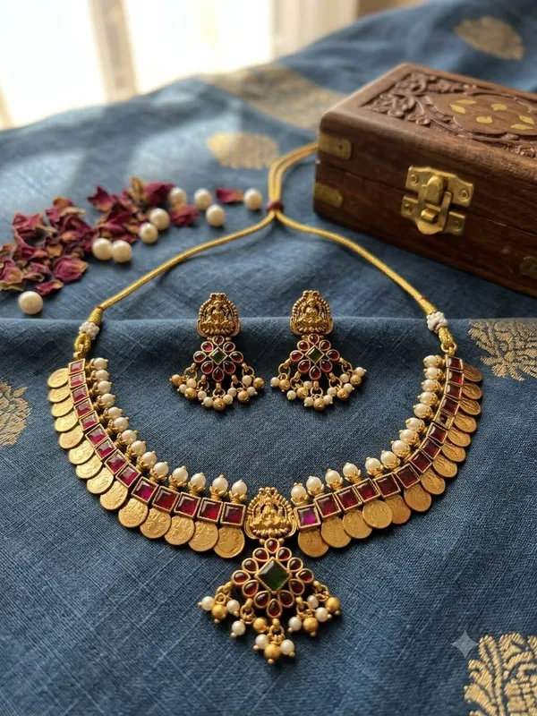 Antique_Gold-Plated_Goddess_Lakshmi_Kasu_Choker_Necklace_Set_with_Earrings