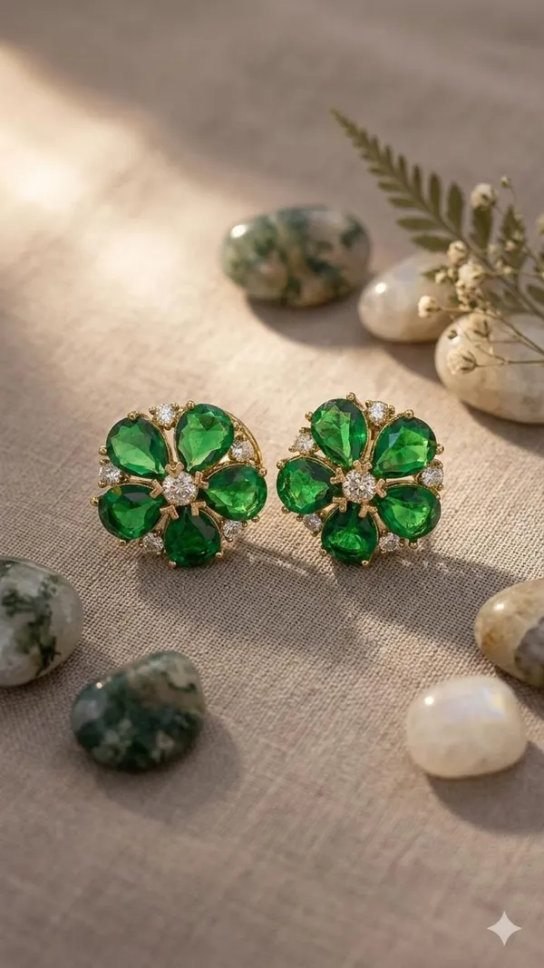 Elegant_Emerald_Green_Stone_Flower_Stud_Earrings