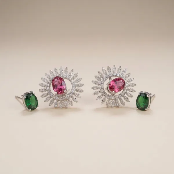 Elegant_Sun_Inspired_Stud_Earrings_With_Red_And_Green_Stones