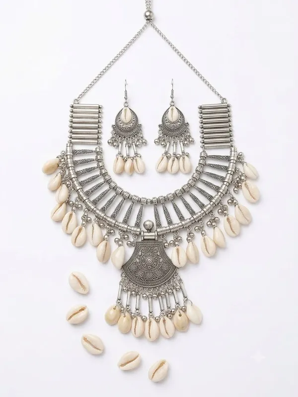 Handcrafted_Oxidised_Silver_Cowrie_Shell_Statement_Earrings_and_necklace_set