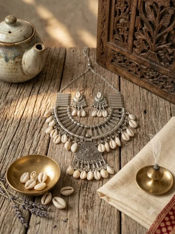 Handcrafted_Oxidised_Silver_Cowrie_Shell_Statement_Earrings_and_necklace_set