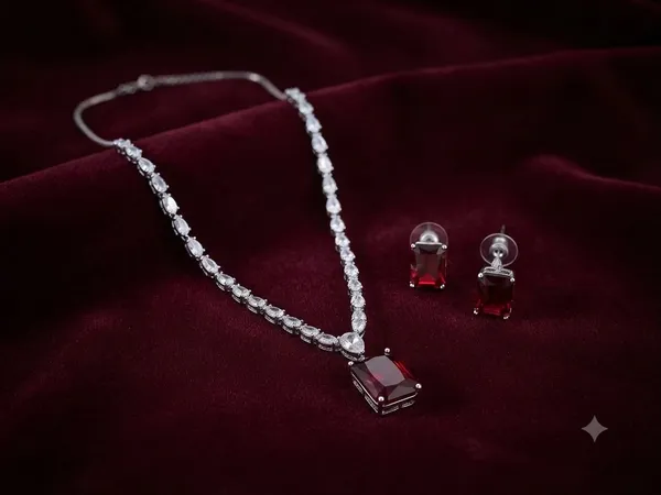 Silver_Tones_AD_Necklace_set_with_Ruby_red_square_shape_stone