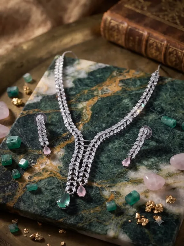 Silver-Toned_AD__Necklace__Jewellery__Set_with_Pink_And_Mint_Green_stone_in_the_center
