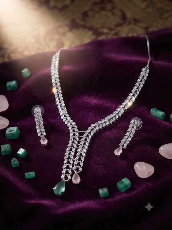 Silver-Toned_AD__Necklace__Jewellery__Set_with_Pink_And_Mint_Green_stone_in_the_center