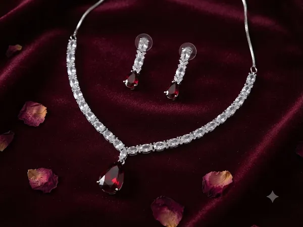 Silver-Toned_AD_Necklace_Jewellery_Set_wit_Ruby_red_teardrop_shape_stone