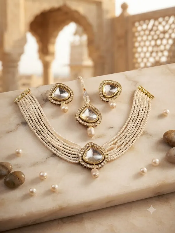 Gold-Tone_Pearl_choker_Necklace_with_earringand_mangtika_set