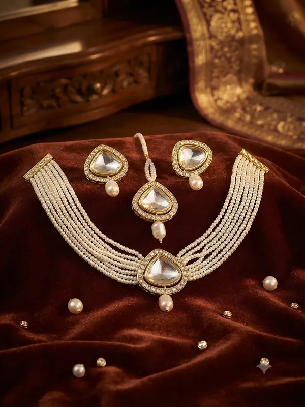 Gold-Tone_Pearl_choker_Necklace_with_earringand_mangtika_set