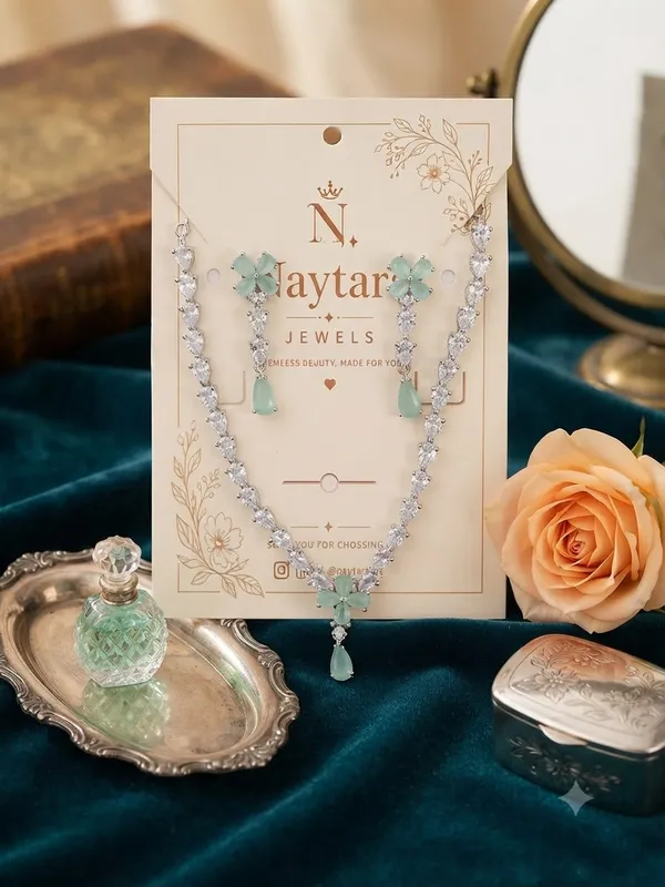 Silver_-Toned_AD_Necklace__Jewellery_Set_with_Mint_green_teardrop_stone