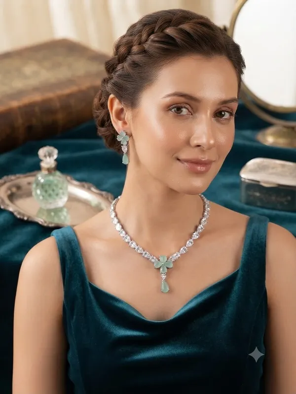 Silver_-Toned_AD_Necklace__Jewellery_Set_with_Mint_green_teardrop_stone