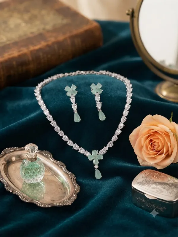 Silver_-Toned_AD_Necklace__Jewellery_Set_with_Mint_green_teardrop_stone