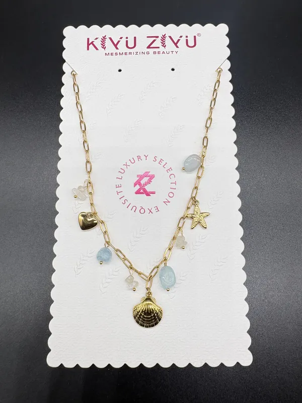 Gold-Toned_Sea_Shell_Charm_Necklace_With_Aquamarine_Beads