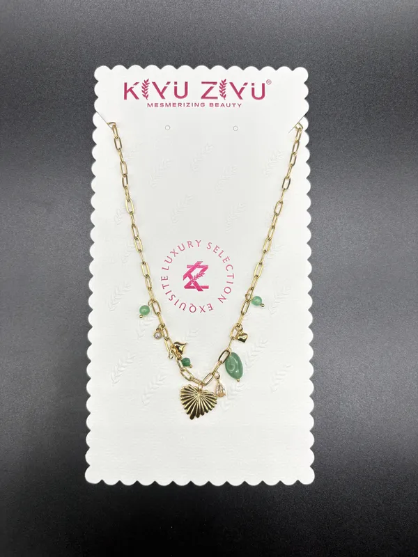 Kivu_Zivu_Gold-Toned_Shell_Charm_Necklace_With_Green_Beads