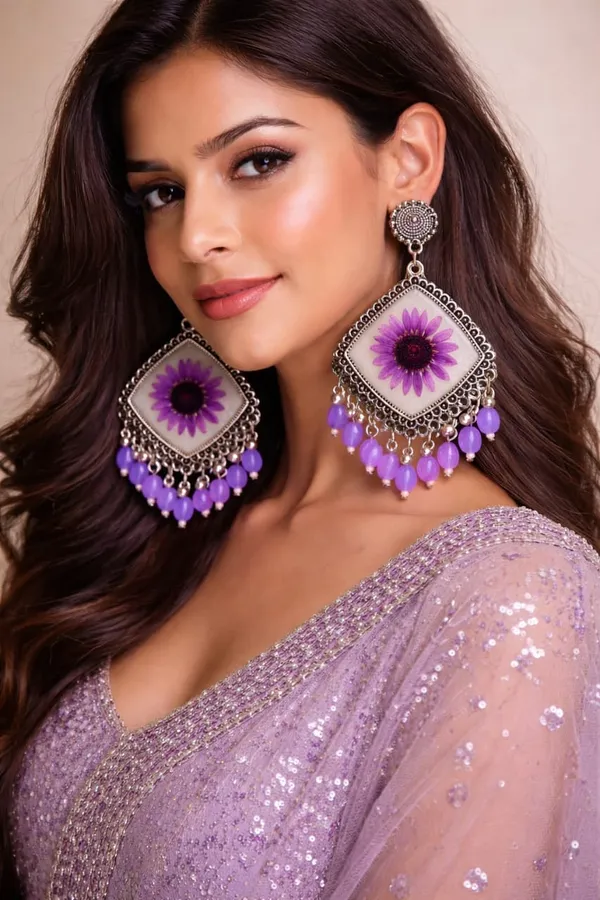 Handcrafted_Real_Pressed_Purple_Flower_Statement_Resin_Earrings_With_Beaded_Tassels