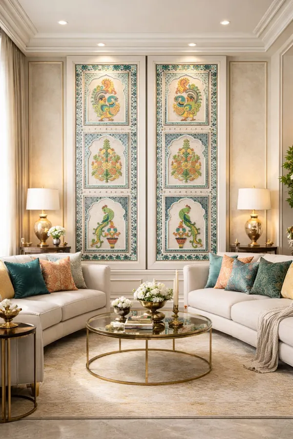 Traditional_Indian_Decorative_Wooden_Panel_With_Peacock_And_Floral_Motifs_-_Turquoise_/_Red_Border