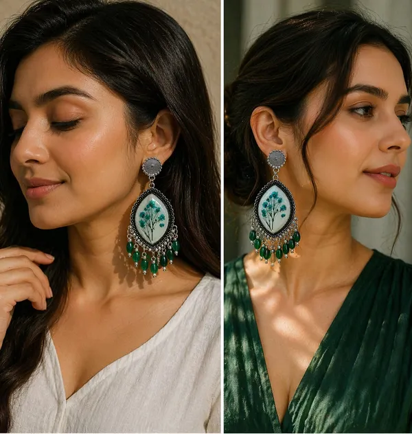 Handcrafted_Pressed_Real_Flower_Resin_Earrings_With_Green_Bead_Fringe