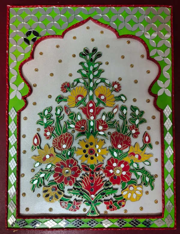 Handcrafted_Traditional_Floral_Wall_Art_-_Green_&_Red_Decorative_Panel_With_Mirror_Work