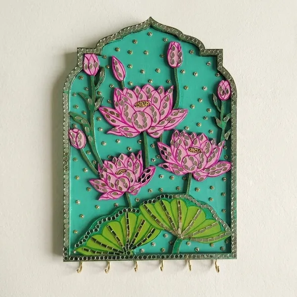 Handcrafted_Decorative_Lotus_Flower_Wall_Art_Panel_With_Turquoise_Background_&_Mirror_Work_with_Robust_Brass_Hooks