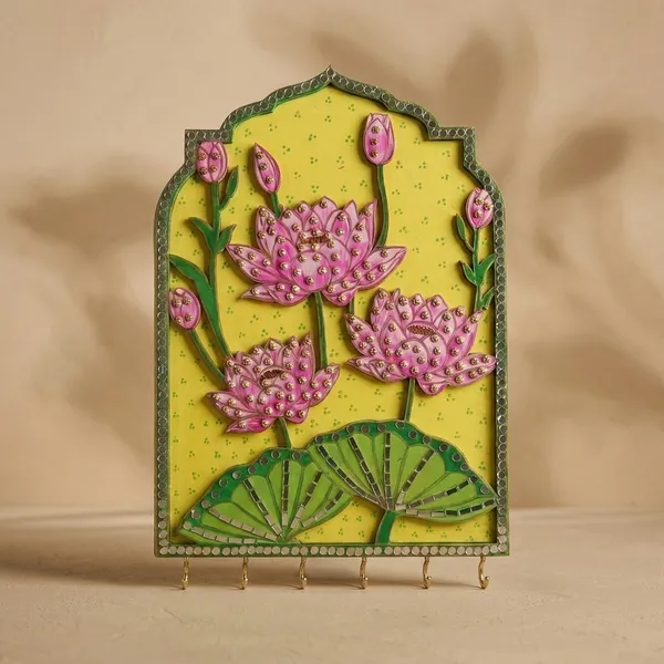 Hand-Painted_Lotus_Pitchwai_Arch_Wall_Key_Holder_with_Robust_Brass_Hooks