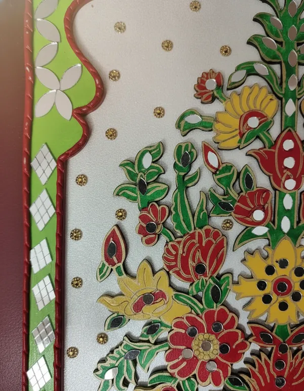 Handcrafted_Traditional_Floral_Wall_Art_-_Green_&_Red_Decorative_Panel_With_Mirror_Work