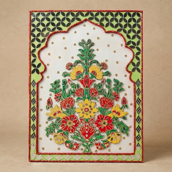 Handcrafted_Traditional_Floral_Wall_Art_-_Green_&_Red_Decorative_Panel_With_Mirror_Work