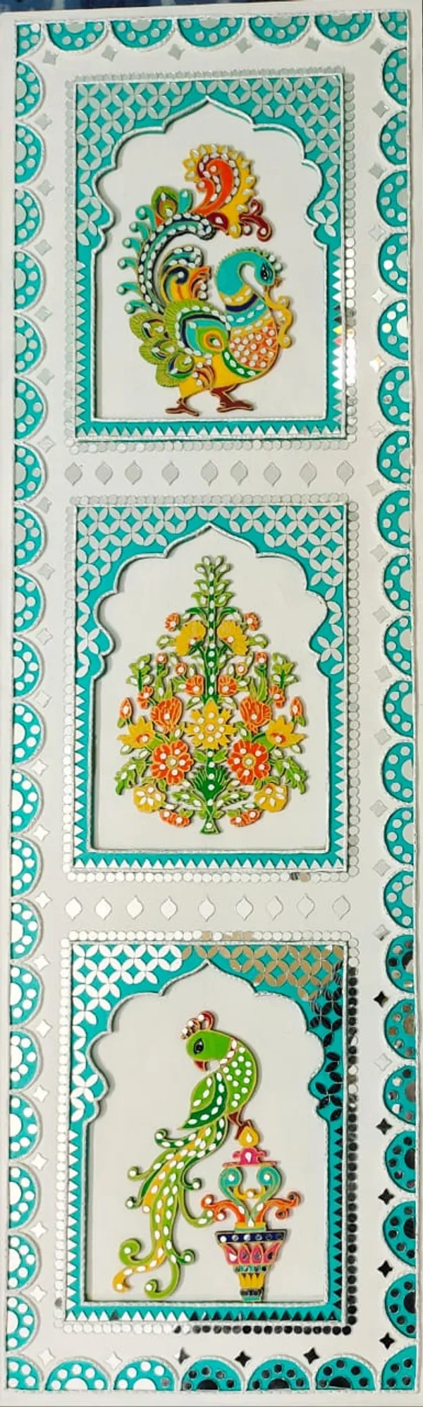 Traditional_Indian_Decorative_Wooden_Panel_With_Peacock_And_Floral_Motifs_-_Turquoise_/_Red_Border
