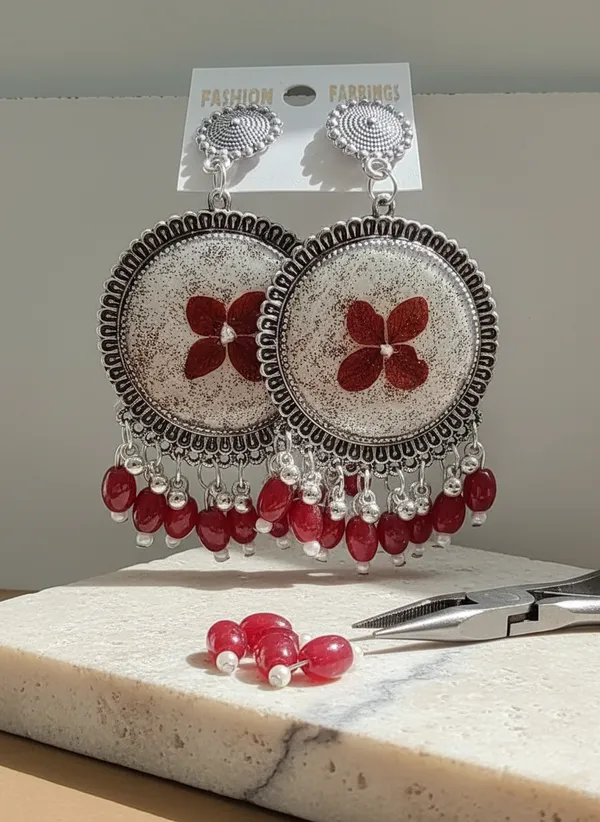 Handcrafted_Red_Floral_Resin_Earrings_With_Beaded_Danglers