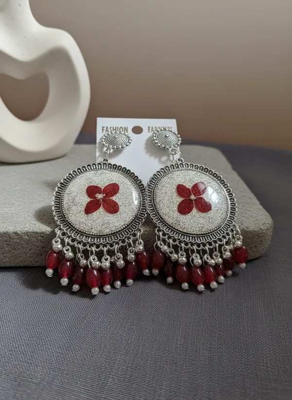 Handcrafted_Red_Floral_Resin_Earrings_With_Beaded_Danglers