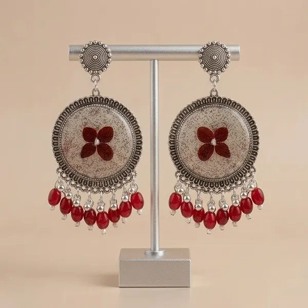 Handcrafted_Red_Floral_Resin_Earrings_With_Beaded_Danglers