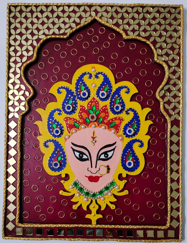 Handcrafted_Goddess_Durga_Face_Wall_Art_With_Golden_Border_And_Embellishments