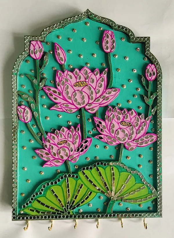Handcrafted_Decorative_Lotus_Flower_Wall_Art_Panel_With_Turquoise_Background_&_Mirror_Work_with_Robust_Brass_Hooks