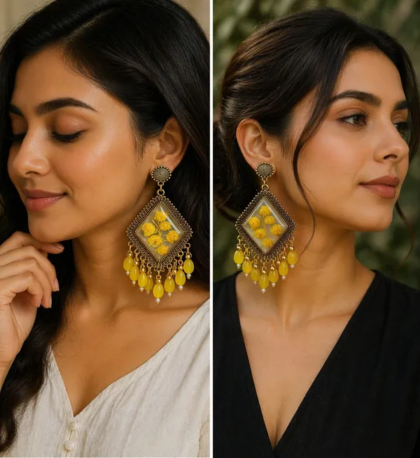Handcrafted_Real_Pressed_Yellow_Floral_Statement_Resin_Earrings_With_Golden_Detailing_And_Bead_Danglers