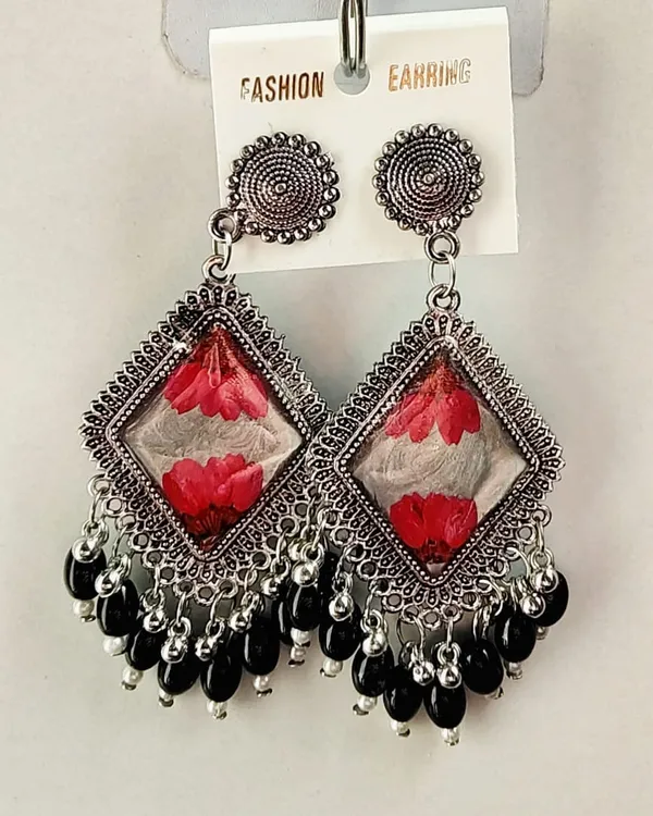 Handcrafted_Floral_Resin_Earrings_With_Black_Bead_Dangles_-_Oxidized_Silver_Finish