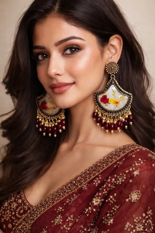 Handcrafted_Real_Pressed_Floral_Elegant_Resin_Chandbali_Earrings_With_Maroon_Beads