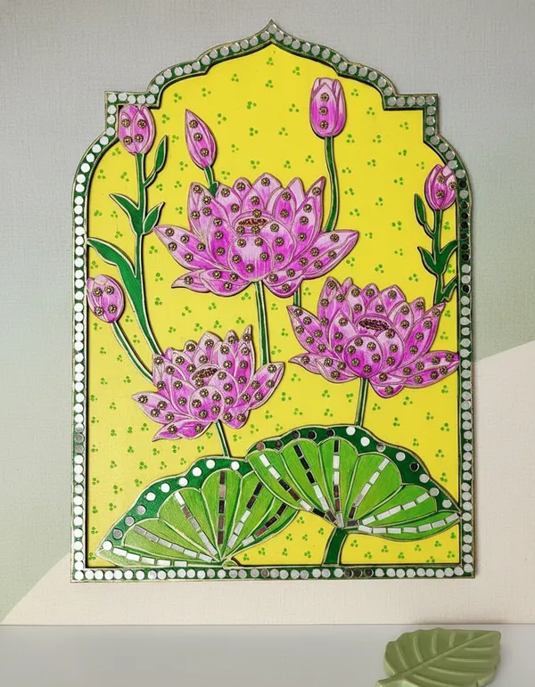 Handcrafted_Decorative_Lotus_Flower_Wall_Art_Panel_With_Yellow_Background_&_Mirror_Work