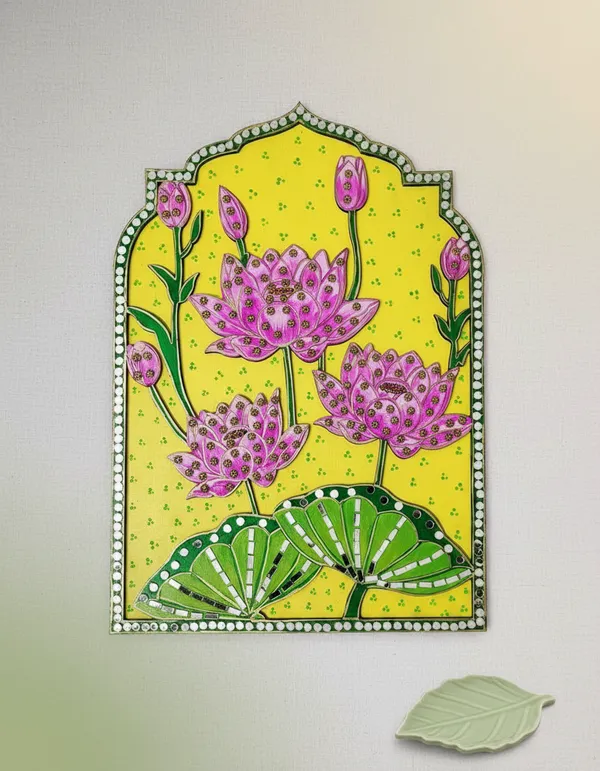 Handcrafted_Decorative_Lotus_Flower_Wall_Art_Panel_With_Yellow_Background_&_Mirror_Work