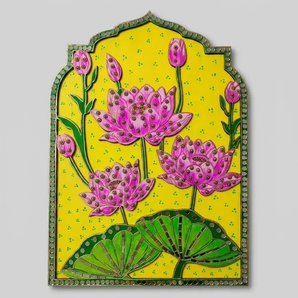 Handcrafted_Decorative_Lotus_Flower_Wall_Art_Panel_With_Yellow_Background_&_Mirror_Work