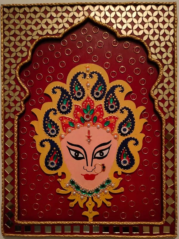 Handcrafted_Goddess_Durga_Face_Wall_Art_With_Golden_Border_And_Embellishments