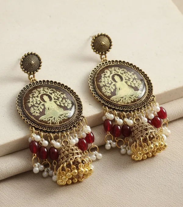 Traditional_Oxidized_Resin_Buddha_Jhumka_Earrings_With_Red_And_White_Beads